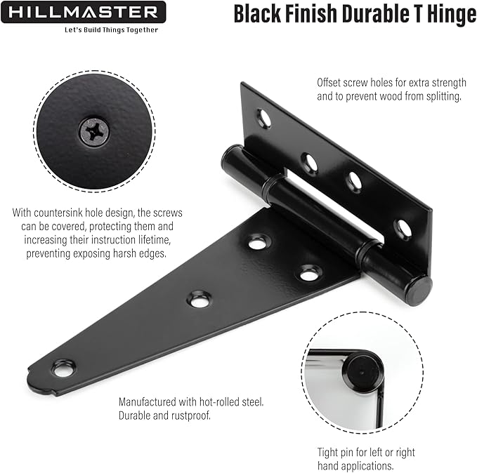 HILLMASTER 6 Inch T-Strap Heavy Duty Shed Door Hinges Gate Strap Hinges Black Tee Hinge Wrought Hardware for Wooden Fences,Yard,Barn Door,Rustproof (6 Pack)