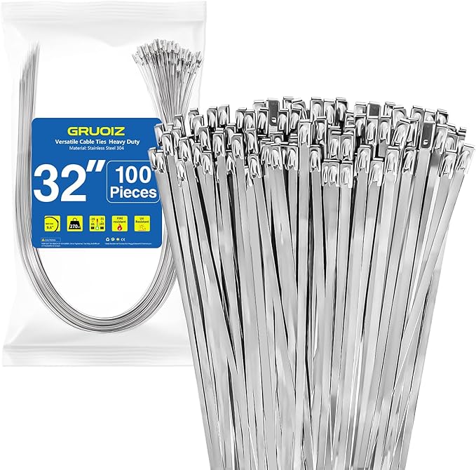 32 inch Stainless Steel Cable Zip Ties 100 Pack 304 Metal Cable Ties with 270lbs Tensile Strength Heavy Duty Zip Ties for Farms Pipes Roofs Workshop Outdoor Fence Use