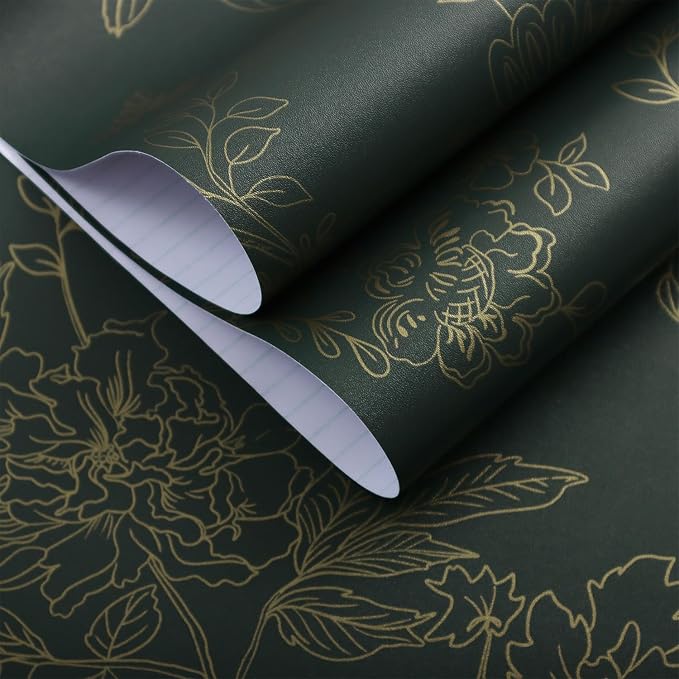 Froluya Green and Gold Peel and Stick Wallpaper for Bathroom 17.7in×590.5in | Dark Green Floral Wallpaper Vintage Contact Paper Peel and Stick Flowers Birds Removable Self Adhesive Cabinets Wall Paper