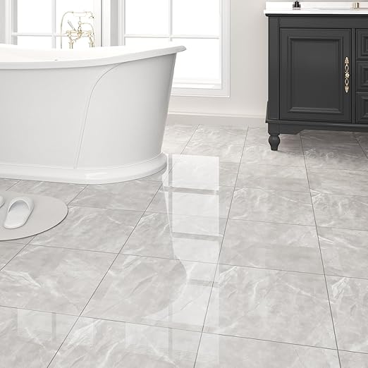 20-Pack Peel and Stick Floor Tiles Vinyl Floor 12 x 12 inch Self Adhesive Waterproof Glossy Flooring Planks DIY for Bathroom, Kitchen, Living Room, RV, Cover 20 Sq. Ft, Polish Light Grey Marble
