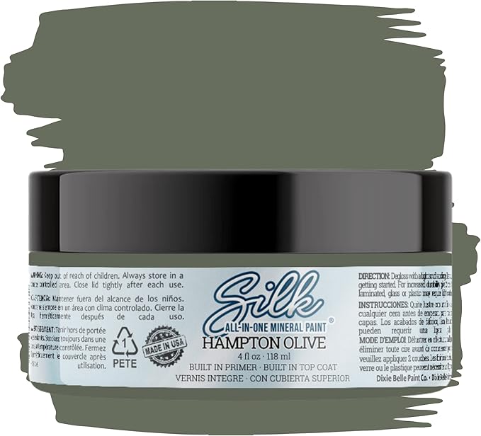 Dixie Belle Silk All-in-One Mineral Paint - Hampton Olive (4oz) - Olive Green Water Based Built-In Primer + Topcoat for Wood + Metal - Durable Furniture Paint - Low Reflective Finish
