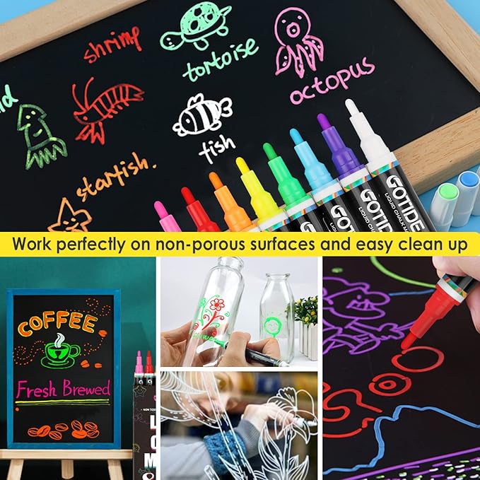 GOTIDEAL Liquid Chalk Markers, Fine Tip 8 Colors Washable Window Chalkboard Glass Pens, Paint and Drawing for Car, Blackboard, & Bistro,Non-Toxic,Wet Erase - Reversible Tip