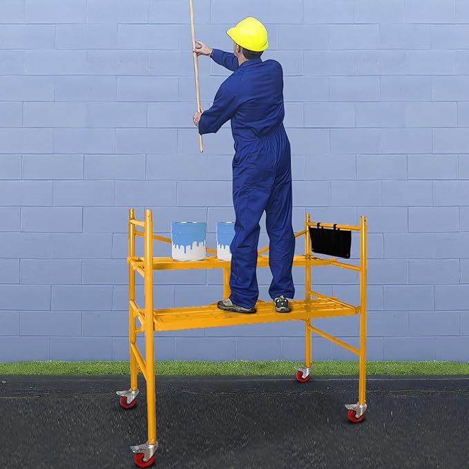 LEADALLWAY Portable Rolling Scaffolding Platform 4 Foot High Mobile Baker Scaffolding 770 LBS Capacity with Locking Wheels and Tool Bag, Yellow