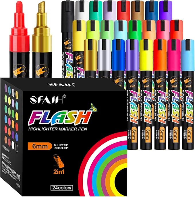 SFAIH 24 Vibrant liquid chalk markers [1s Wet Wipe] - No Residue, 4.5mm chalk markers for blackboard