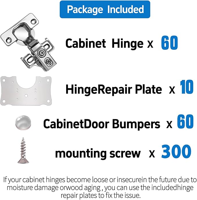Cabinet Hinges - 60 Pack for 1/2 inch Overlay Cabinet, Face Frame Concealed 105Deg Self Closing Hinges, Stainless Soft Close Cabinet Door Hinges with Mounting Screws and Repair Plate