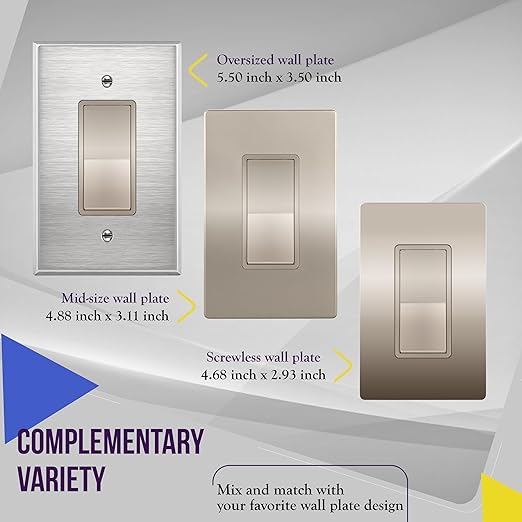 ENERLITES Elite Series Decorator Switch with Screwless Wall Plate, Paddle Light Switch, Single Pole, 3 Wire, Grounding Screw, Residential Grade, 15A 120V, UL Listed, 91150-NKWP, Nickel