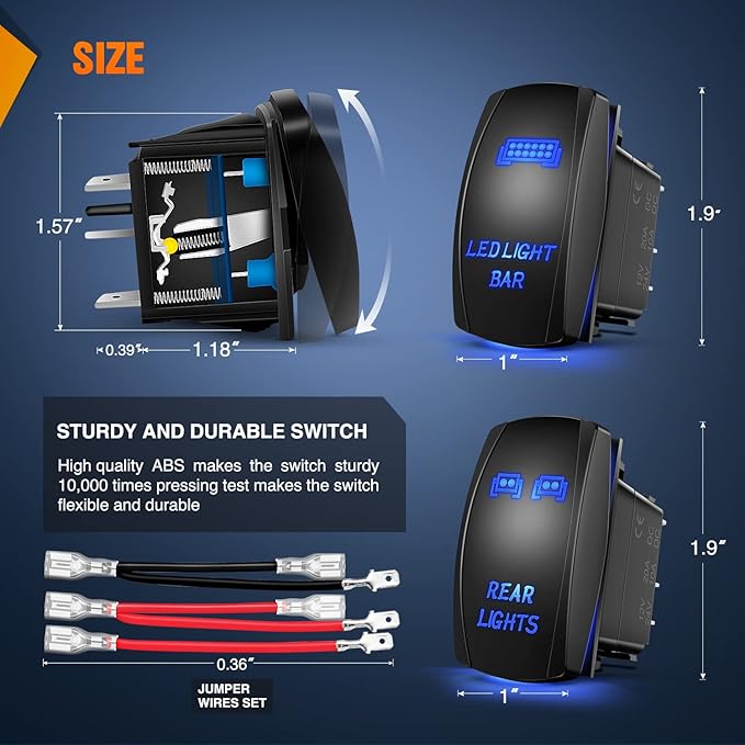 Nilight 2 Pack Rear Lights Rocker Switch Led Light Bar Switches 5Pin Laser On Off SPST switches 20A/12V 10A/24V Blue with Jumper Wires Set for Cars Trucks RVs