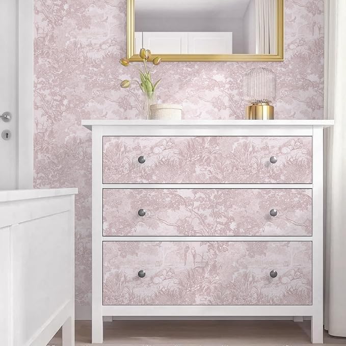 Ismoon Pink Peel and Stick Wallpaper Neutral Wall Paper 17.3in×16.4ft Vintage Removable Self-Adhesive Wallpaper Animals Jungle Contact Paper for Cabinets Bathroom Walls Covering Vinyl Roll