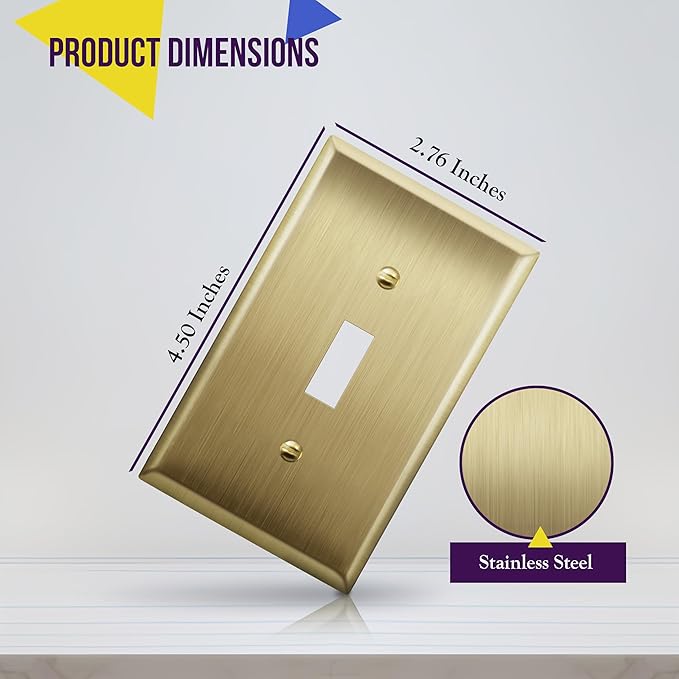 ENERLITES Toggle Light Switch Metal Wall Plate, Stainless Steel Switch Cover, Corrosion Resistant, Size 1-Gang 4.50" x 2.76", Stainless Steel 201, 7711-BB, Brushed Brass, Gold