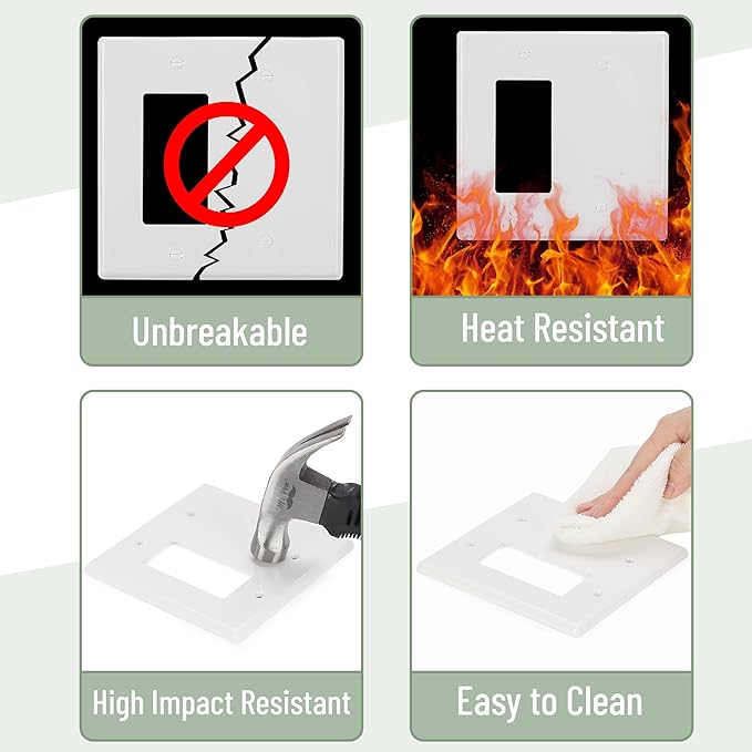 Bates- Combination Wall Plate, 4.8"x4.9", 5 Pack, Decorator/Blank, White, Polycarbonate Thermoplastic, 2 Gang Wall Plate for Electrical Outlets