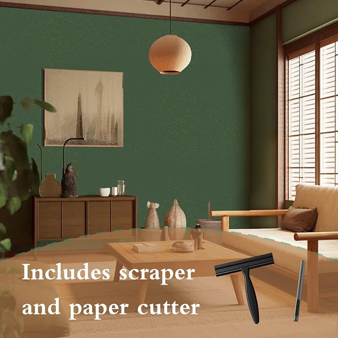 Dark Green Peel and Stick Wallpaper Removable Silk Texture Contact Paper | 15.7" X 196.8" Removable Self Adhesive Textured Wallpaper Covering for Bedroom with Scraper, Paper Cutter