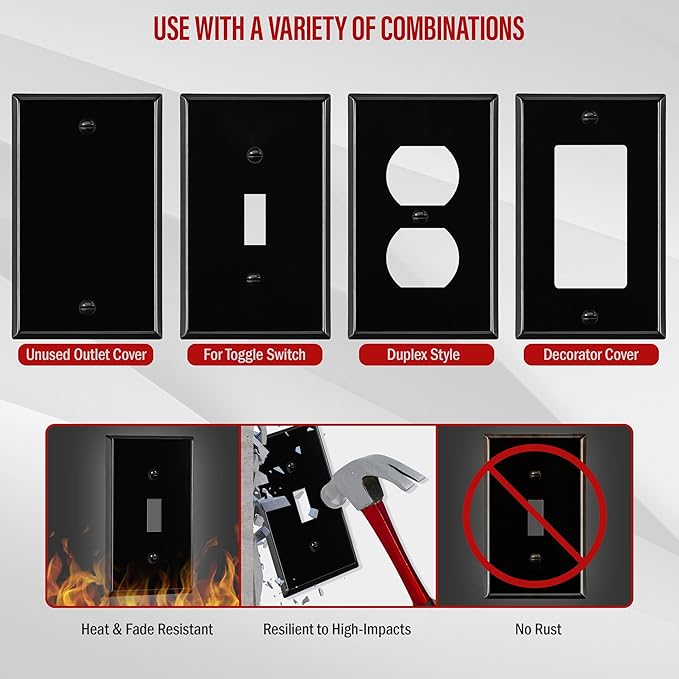 ENERLITES Toggle Light Switch Metal Cover Plate, Wall Plate, Corrosion Resistant, Standard Size 1-Gang 4.50" x 2.76", Powder Coated Stamped Steel, 7711-BG, Black Gloss