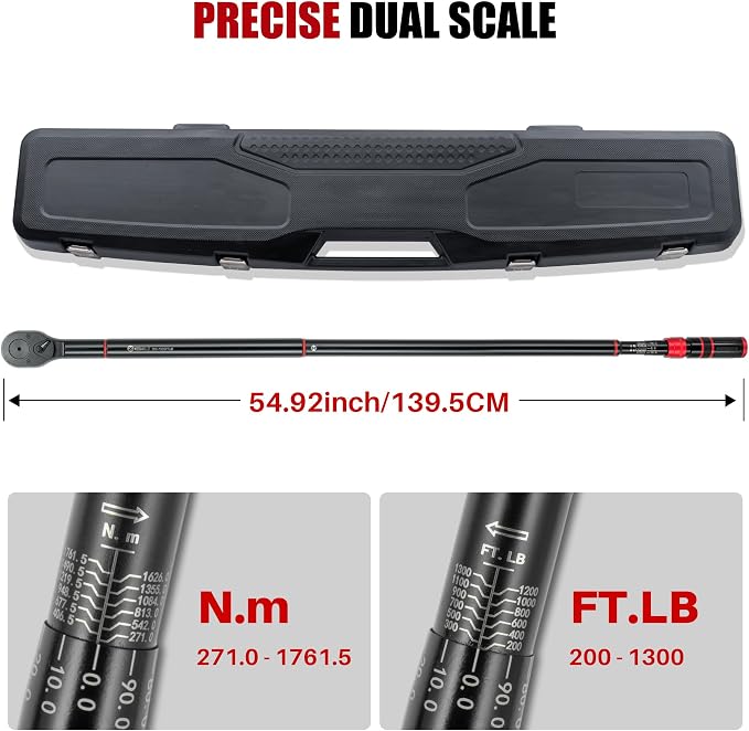1 Inch Drive Click Torque Wrench-200-1300 Ft-Lb for Truck, Tractor | Dual-Direction Adjustable 24 Tooth Torque Wrench(271-1762.5N.m), 3% Accuracy for HD Vehicles Wind Turbine Maint.Heavy Equip.