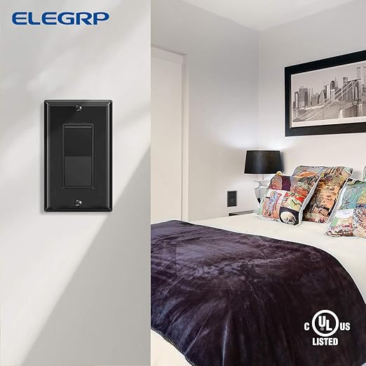 ELEGRP 3 Way Decorative Light Switch, 15Amp, 120-277 Volt, AC Decorator Rocker Paddle Wall Switch Replacement, Self-Grounding, Residential and Commercial Grade, UL Listed (10 Pack, Glossy Black)