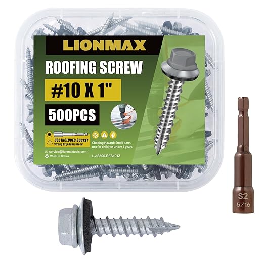 LIONMAX 500-PCS Metal Roofing Screws #10 × 1 Inch, Rustproof Coating Hex Head Sheet Metal to Wood Siding Screw with Rubber Washer, Sharp Point, Hex Socket Included