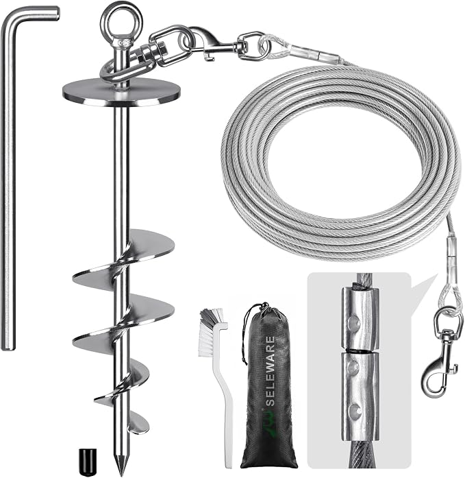 SELEWARE Dog Tie Out Cable and Stake, Dog Anchor with 15FT Heavy Duty Cable | 17" Long Anti-Rust Heavy Duty Dog Stake for Large Dogs up to 220 lbs, Easy Install with Twist Rod for Yard, Camping Outside