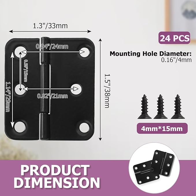 24pcs Butt Hinges Black Door Hinges, 1.5" x 1.3" Cabinet Door Hinge, Flat Folding Box Hinges for Jewelry, Wooden Box, Small Cupboard Furniture Hinges