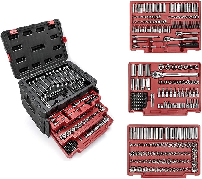 WORKPRO 450-Piece Drive Socket Set 1/2" 1/4" 3/8", CR-V Metric and Imperial with Quick-Release Ratchet Wrench, Spanners, Bits Set, Mechanics Tool for Car Repair