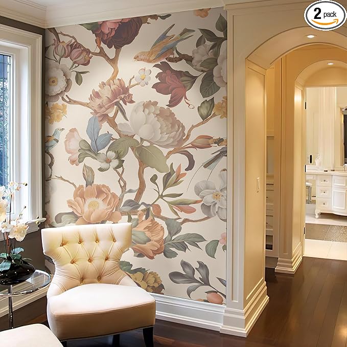 Zeeko Vintage Floral Wallpaper Peel and Stick Large Beige Flower Wall Murals for Bedroom TV Background Wall Paintings Art Deco 98" H x 59" W