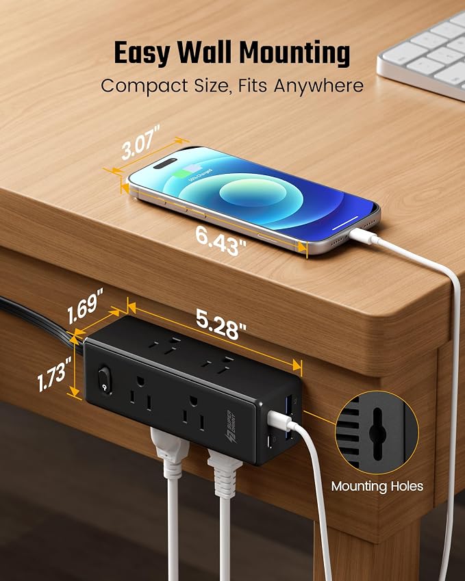 15 Ft Extension Cord with Multiple Outlets, Long Extension with 6 Outlets 4 USB Ports(2 USB C), Flat Plug Surge Protector Power Strip for Home, Office Supplies, Dorm Essentials, Black