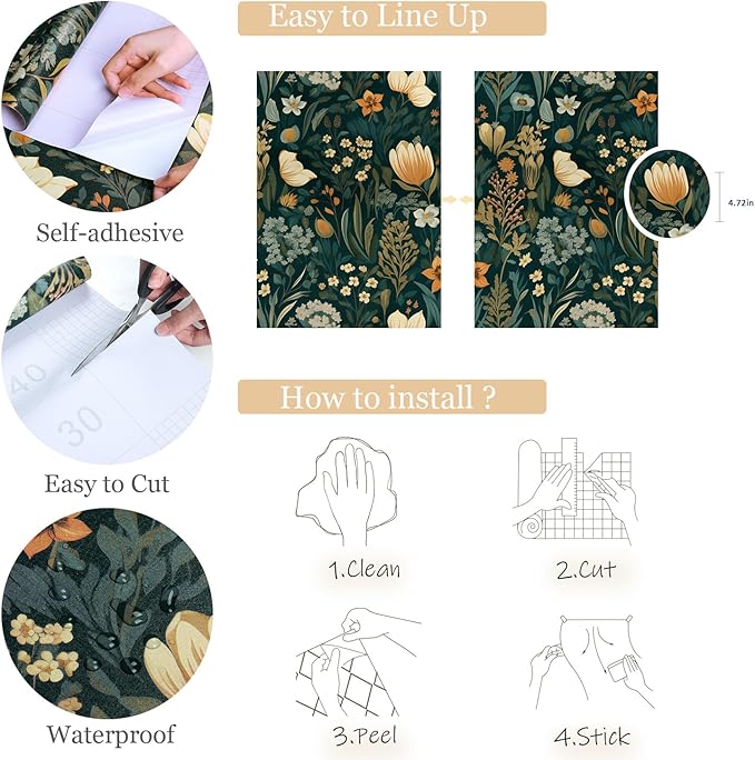 Orainege Vintage Floral Peel and Stick Wallpaper Boho Floral Contact Paper 17.3in x196.8in Flower Wallpaper Peel and Stick Flower Self Adhesive Wall Paper for Bedroom Removable Decorative