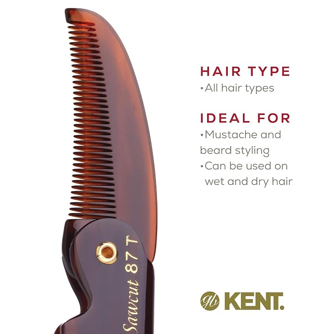 Kent 87T Handmade Folding Pocket Comb for Men, Fine Tooth Hair Comb Straightener for Everyday Grooming Styling Hair, Beard or Mustache, Use Dry or with Balms, Saw Cut Hand Polished, Made in England