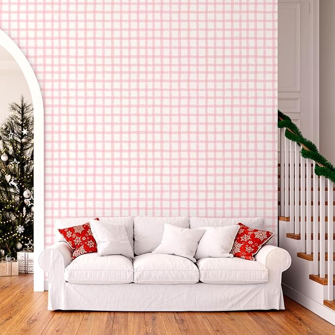 Plaid Wallpaper Peel and Stick, 17.7"x78.7" | Hand-Painted Pink, Self Adhesive, Vinyl, Removable, Boho Checkered Contact Paper for Bedroom, Living Room, Bathroom