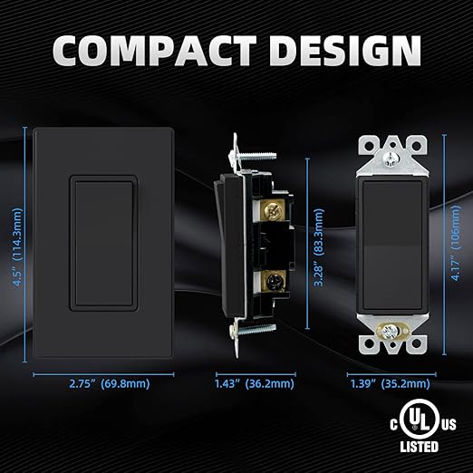 ELEGRP Matte Black 3 Way Decorative Light Switch with Plate, 15Amp, 120-277 Volt, AC Rocker Paddle Wall Switch Replacement, Self-Grounding, Residential Grade, w/Wall Plate, UL Listed (10 Pack)
