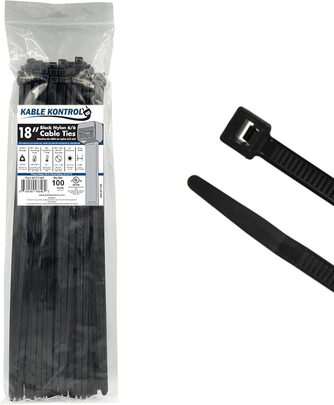 Kable Kontrol Heavy Duty Cable Zip Ties 100 Pcs 18 Inch Black, 120 Lbs Tensile Strength, Self-Locking UV Resistant Plastic Nylon Wire Ties, for Indoor or Outdoor Use