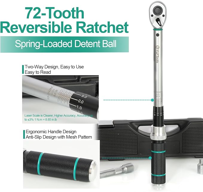 3-Piece Torque Wrench Set – 1/2" Drive Click Torque Wrench (10–150 ft-lb), 3/8" Adapter, 5-Inch Extension Bar, ±3% Accuracy, Chrome Vanadium Steel, Includes Storage Case