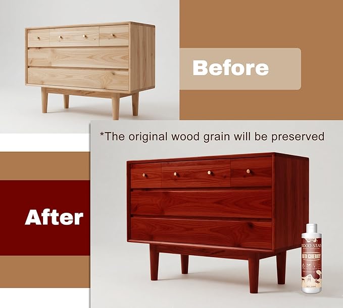 Wood Stain, 8.5oz/250ml Water Based Wood Stain for Indoor and Outdoor Furniture, Cabinet, Door, Trim and More - Fast Drying, Low Odor＆Non-Toxic, Easy to Apply, Multiple Finishes (Red Cherry)