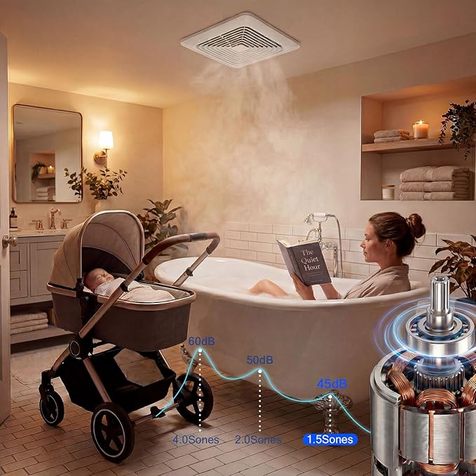Fitop Bathroom Exhaust Fan 130CFM 1.5 Sones Ultra Quiet Ceiling Mounted – No Attic Access Required, Easy Installation, High Airflow Ventilation Fan for Bedroom, Laundry, Kitchen & Bathroom