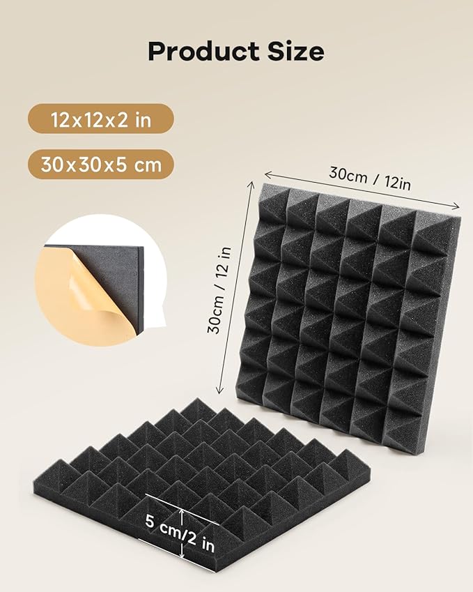 SD SODOCT 36 Pack 12 x 12 x 2 Inches Pyramid Acoustic Foam Panels, High Density Acoustic Foam, Self-Adhesive Sound Proof Foam Panels for Walls, Fire Resistant, Studio Wall & Ceiling Panels, Black
