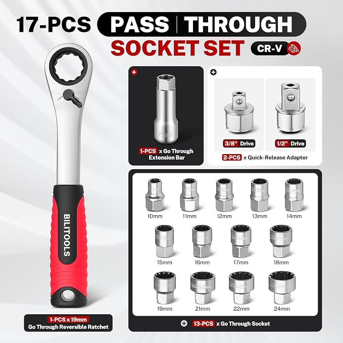 BILITOOLS 17PCS 3/8" & 1/2 Pass Through Socket Set, 2-In-1 Conversion | for Standard Ratchet/Pass-Through Ratchet, Pass Thru, Go Through, Mechanics Tools Set for Hex, Square, E-Torx, Spline