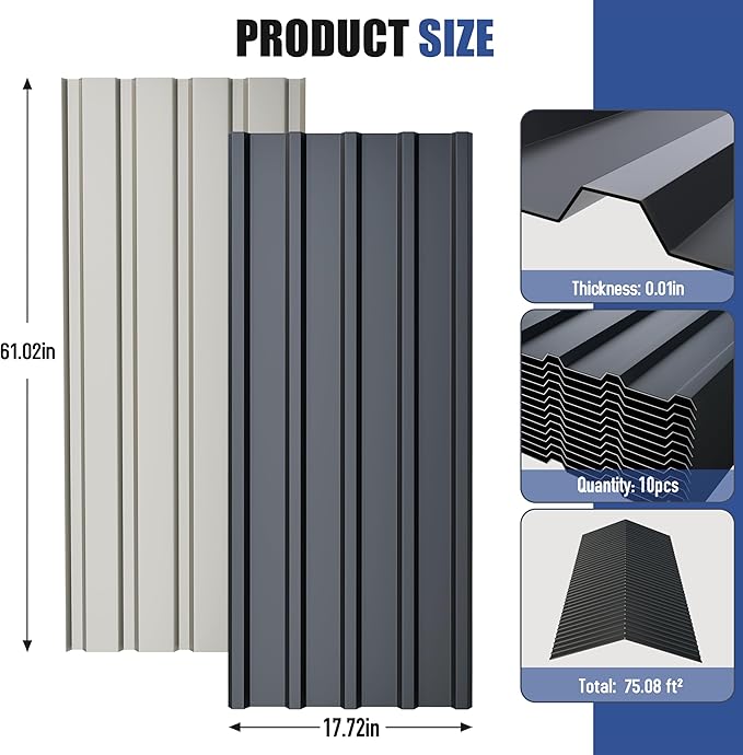 Brakki Metal Roofing Panels 10pcs 75 ft², L61.02"xW17.72" Grey Corrugated Galvanized Steel Roof Panels with Screw, Heavy Duty Metal Siding Suitable for Garages Chicken Coop Sheds Stables Patio