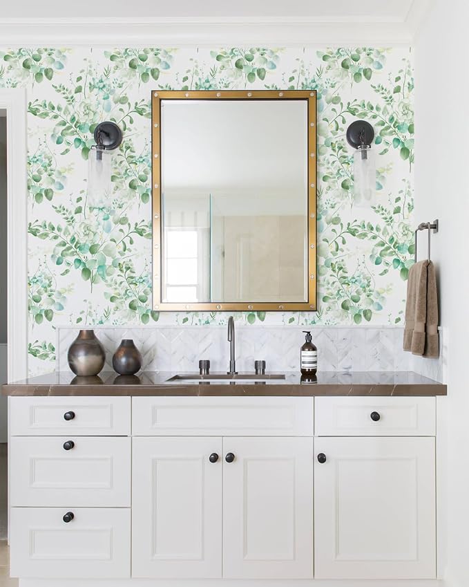 Naphite Green Floral Wallpaper Botanical Leaf Contact Paper 393in17.3in | Nature Eucalyptus Boho Contact Paper for Cabinets,Vinyl Self Adhesive Removable Wallpaper,Bedroom Bathroom Decor, Easy Match