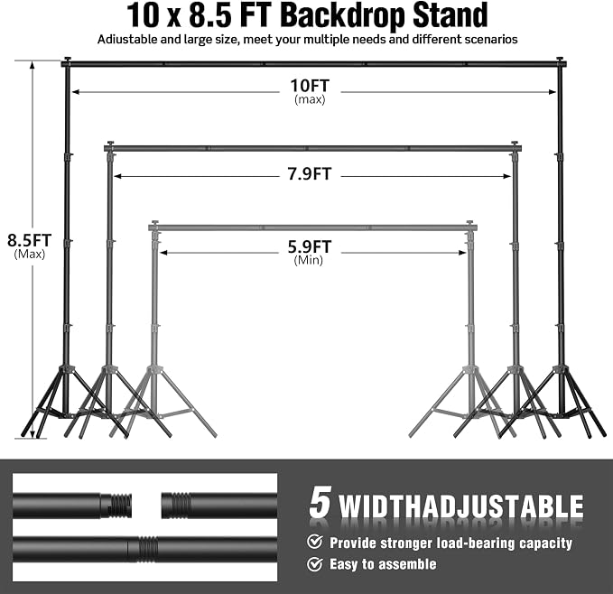Backdrop Stand for Parties 10 x 8.5 FT, Heavy Duty Photography Backdrop Stand for Events, Video Shooting, Portable Photo Background Stand with Carry Bag, Sandbags, Spring Clamps