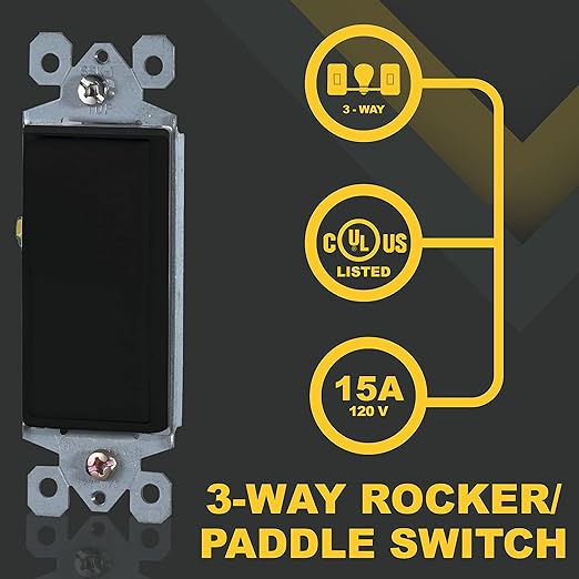 Faith [10-Pack] 3-Way Decorator Paddle Wall Light Switch, 15A 120/277V, On/Off Rocker, Black