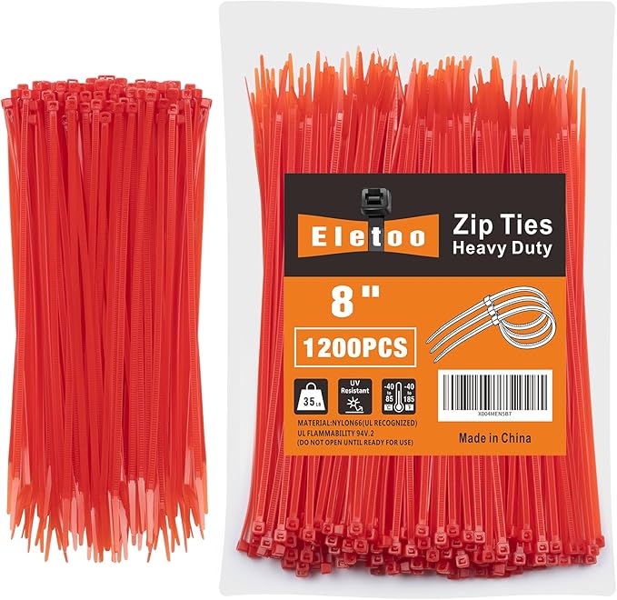 8 Inch Red Zip Ties 1200 Pack, 35 LBS Tensile Strength, Self-Locking Nylon UV Resistant Cable Ties for Indoor and Outdoor