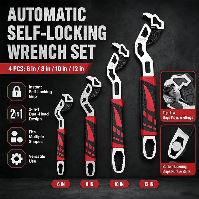 Pipe Wrench Set 6" 8" 10" 12" Self Adjusting Plumbers Wrench | Self Tightening Function, For 9/32"-1 3/8" (7-43mm), Pipe Fittings and Nuts