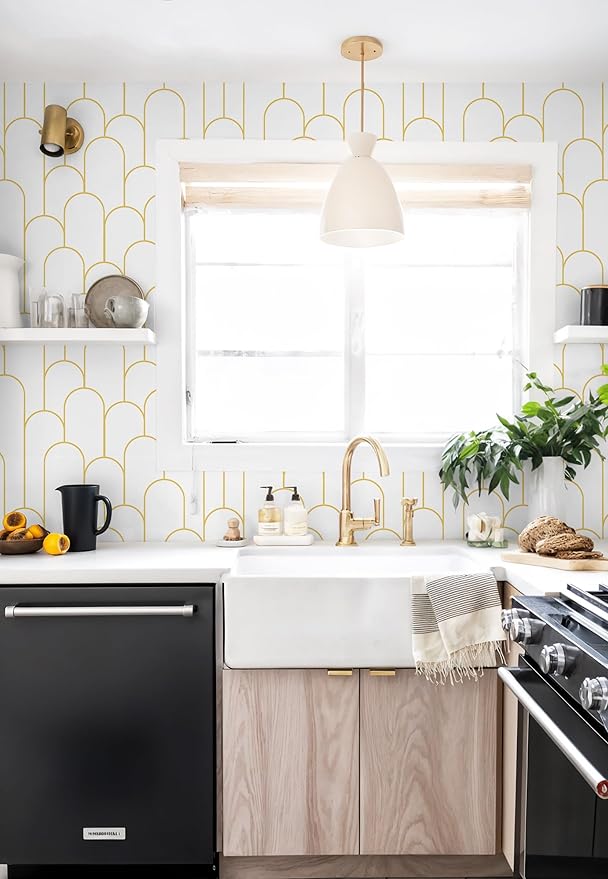 Yasinet Peel and Stick Wallpaper White and Gold Wallpaper Geometric Contact Paper Modern Stripe White Gold Removable Self Adhesive Wall Paper Decorative Wall Bedroom Vinyl Film 17.3''x118''