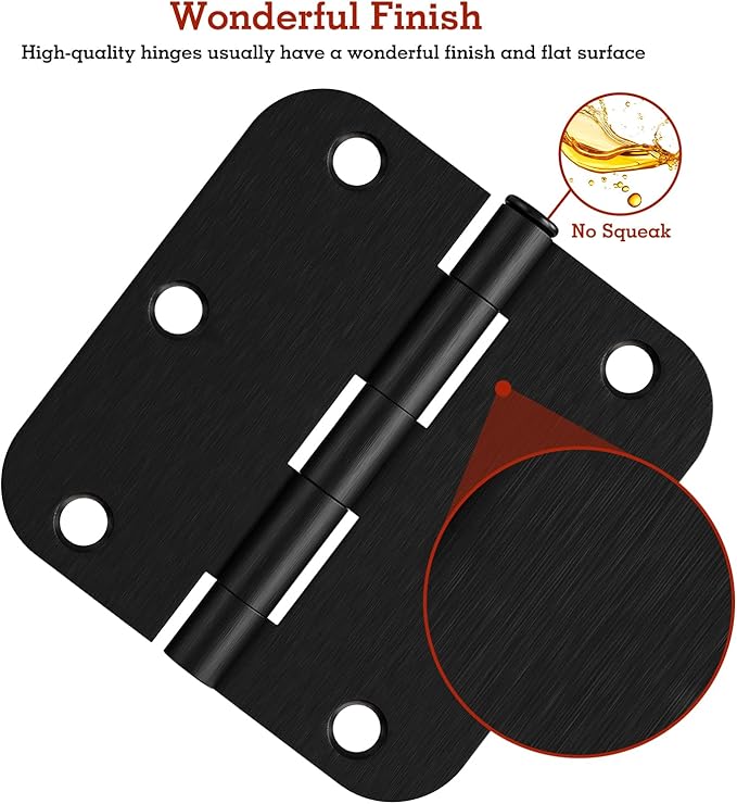 18 Pack Black Oil Rubbed Bronze Door Hinges 3.5" x 3 1/2 Inch Black Brushed Interior Hinge Rounded 5/8" Radius Corner 3 ½"Iron Residential Standard Bedroom Bifold Single Double Doors Hardware Kit