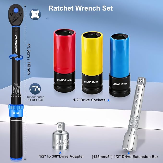 10-170FT 1/2'' Torque Wrench Socket Set, 17mm 19mm 21mm Wheel Sockets with 3/8" Drive Adapter and Extension Bar 72 Tooth, High Accuracy Laser Marking Scale for Auto Motorcycle Repair