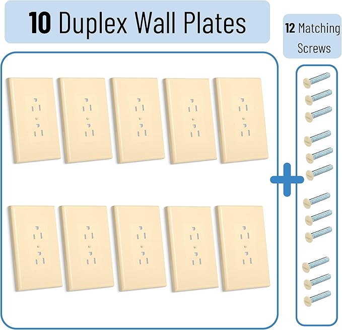 Bates- 1-Gang Duplex Wall Plate, 3.18"x 4.98", 10 Pack, Ivory, Unbreakable Electrical Outlet Cover Plates, Heat & Impact Resistant, Easy-to-Clean, Duplex Receptacle Cover for Home & Office