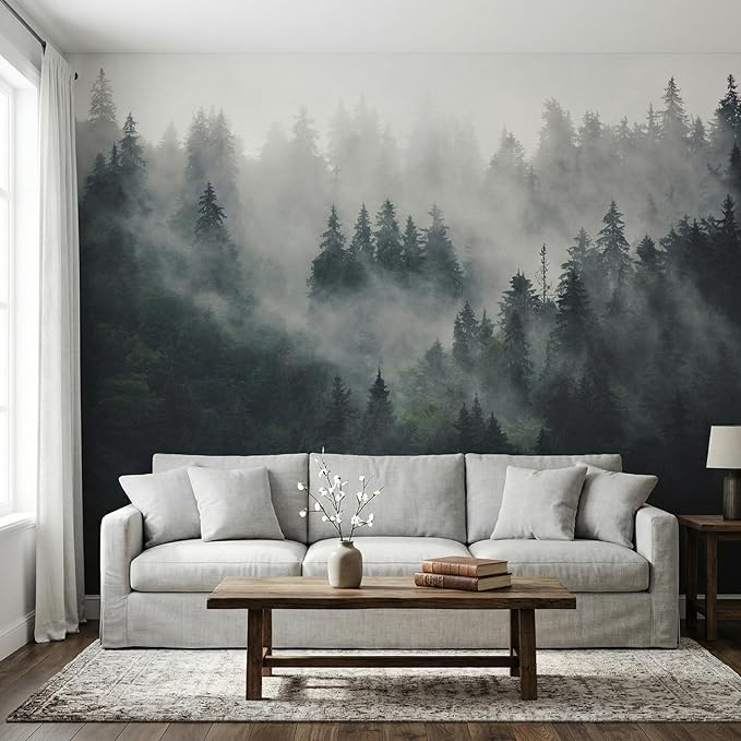 MFWFM Misty Forest Peel and Stick Wallpaper Foggy Forest Scenic Wall Murals | 137"x96", for Bedroom Living Room Bathroom, Self Adhesive Canvas