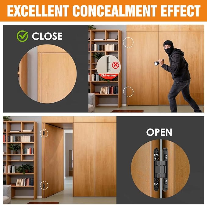7" Hidden Door Hinge/Concealed Hinges,Invisible Hinges,Invisible Door Silent 180 Degree Swing Hinge 3-Way Adjustable Butt 7 x 2.8 x 1 (Black, 7 inches)