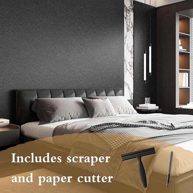 Black Silk Wallpaper Peel and Stick Embossed Self Adhesive Contact Paper 15.7" x 393.7" Removable Waterproof Kitchen Vinyl Wrap Cabinet Textured Renter Friendly Wall Cover with Scraper, Paper Cutter