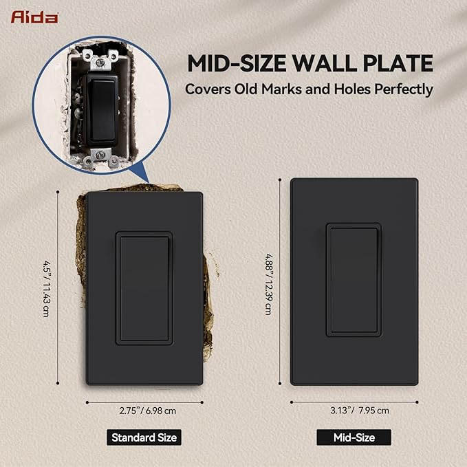 AIDA 1-Gang Midsize Screwless Light Switch Cover Plate, Decorative Outlet Covers - Matte Black, 1-Pack Screwless Unbreakable Polycarbonate Wall Plates for Decorator Device, UL Listed