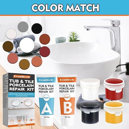 Bondtech Porcelain Repair Kit, White Bathtub & Tile Repair Kit, for Tub, Enamel, Fiberglass, Acrylic, Porcelain, Ceramic, Marble, Granite, Chips, Dents, Cracks, Hole (101)