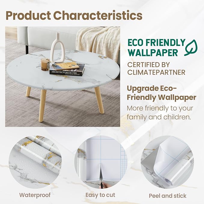 practicalWs Glossy Marble Wallpaper Peel and Stick White/Gold Granite Contact Paper Removable Wall Paper for Kitchen Countertop Cabinet Furniture 11.8" x 78.7"
